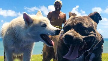 Lobo y dinosaurio, los perros del campeón del mundo de surf Italo Ferreira, en primer plano sobre el césped, con el mar de fondo y el surfista observándolos atentamente. Imagen tomada durante la cuarentena por coronavirus en Brasil.
