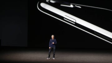 SAN FRANCISCO, CA - SEPTEMBER 07: (EDITORS NOTE: Image was created using a tilt-shift lens) Apple CEO Tim Cook speaks on stage during a launch event on September 7, 2016 in San Francisco, California. Apple Inc. is expected to unveil latest iterations of its smart phone, forecasted to be the iPhone 7. The tech giant is also rumored to be planning to announce an update to its Apple Watch wearable device. Stephen Lam/Getty Images/AFP
== FOR NEWSPAPERS, INTERNET, TELCOS & TELEVISION USE ONLY ==