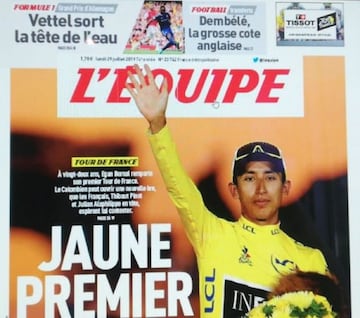 "Primer amarillo", título el histórico periódico de francia, L'Equipe 