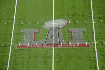 El logo de la Super Bowl LI dibujada sobre el césped del NRG Stadium.