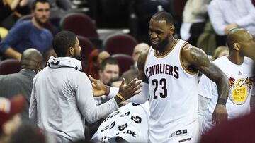 Jan 27, 2017; Cleveland, OH, USA; Cleveland Cavaliers forward LeBron James (23) celebrates with guard Kyrie Irving (2) after leaving the game during the second half against the Brooklyn Nets at Quicken Loans Arena. The Cavs won 124-116. Mandatory Credit: Ken Blaze-USA TODAY Sports