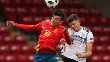 Soccer Football - UEFA European Under-17 Championship - Group D - Spain vs Germany - The Banks's Stadium, Walsall, Britain - May 11, 2018 Spain's Nabil Touaizi in action with Germany's Antonis Aidonis Action Images via Reuters/Peter Czi