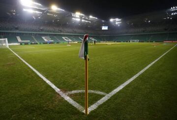 Empty stands are pictured in Stadion Wojska Polskiego stadium