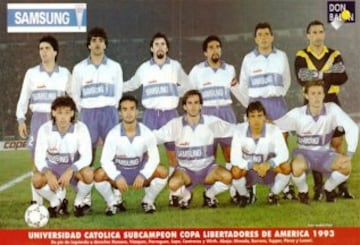 Universidad Católica subcampeón Copa Libertadores 1993. Arriba de izquierda a derecha: Andrés Romero, Sergio Fabián Vázquez, Nelson Parraguez, Mario Lepe, Leonel Contreras y Oscar Wirth. Abajo: Juan Carlos Almada, Rodrigo Barrera, Raimundo Tupper, Luis Pérez y Ricardo Lunari.