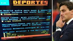 Im&aacute;genes del pantallazo de teletexto con su error al confundir el Sevilla con el Betis y del entrenador Vincenzo Montella
 