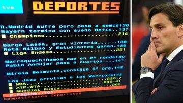 Im&aacute;genes del pantallazo de teletexto con su error al confundir el Sevilla con el Betis y del entrenador Vincenzo Montella
 