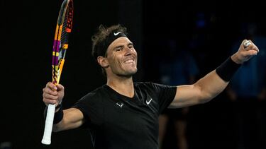 Rafael Nadal of Spain celebrates his victory in his men's singles match against Maxime Cressy of the US at the Melbourne Summer Set tennis tournament in Melbourne on January 9, 2022. (Photo by Mike FREY / AFP) / -- IMAGE RESTRICTED TO EDITORIAL USE - STRI