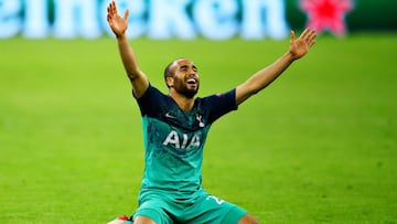 AMSTERDAM, NETHERLANDS - MAY 08: Lucas Moura of Tottenham Hotspur celebrates his sides win after the UEFA Champions League Semi Final second leg match between Ajax and Tottenham Hotspur at the Johan Cruyff Arena on May 08, 2019 in Amsterdam, Netherlands. 