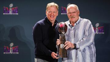 LAS VEGAS, NEVADA - FEBRUARY 12: NFL Commissioner Roger Goodell (L) hands the Vince Lombardi Trophy to head coach Andy Reid of the Kansas City Chiefs during a news conference for the winning head coach and MVP of Super Bowl LVIII at the Mandalay Bay Convention Center on February 12, 2024 in Las Vegas, Nevada. Ethan Miller/Getty Images/AFP (Photo by Ethan Miller / GETTY IMAGES NORTH AMERICA / Getty Images via AFP)