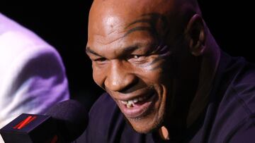 Former US boxer Mike Tyson speaks during a press conference at the Apollo Theatre in New York, on May 13, 2024. Former heavyweight boxing champion Mike Tyson's July 20 fight against YouTube sensation Jake Paul in Dallas will be a sanctioned heavyweight professional bout, fighters and promoters announced on April 29. The fight will be over eight two-minute rounds with the result to count on the record of both Paul and Tyson, who lost his last official bout in 2005. (Photo by Kena Betancur / AFP)