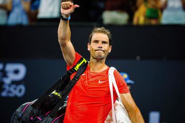 Rafael Nadal reacts as he leaves the court after his loss against Australia's Jordan Thompson.