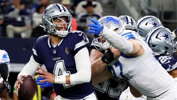 ARLINGTON, TEXAS - DECEMBER 30: Dak Prescott #4 of the Dallas Cowboys looks to throw a pass against the Detroit Lions during the second quarter in the game at AT&T Stadium on December 30, 2023 in Arlington, Texas. Richard Rodriguez/Getty Images/AFP (Photo by Richard Rodriguez / GETTY IMAGES NORTH AMERICA / Getty Images via AFP)
