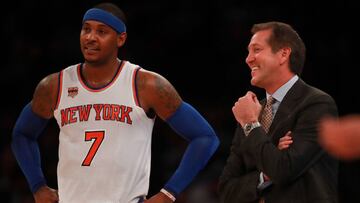 NEW YORK, NY - OCTOBER 10: Carmelo Anthony #7 of the New York Knicks laughs on the sideline with head coach Jeff Hornacek in the first half of the preseason game at Madison Square Garden on October 10, 2016 in New York City. NOTE TO USER: User expressly acknowledges and agrees that, by downloading and or using this photograph, User is consenting to the terms and conditions of the Getty Images License Agreement.   Michael Reaves/Getty Images/AFP
 == FOR NEWSPAPERS, INTERNET, TELCOS &amp; TELEVISION USE ONLY ==