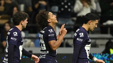 Apr 2, 2025; Vancouver, British Columbia, CAN; Pumas UNAM midfielder Adalberto Carrasquilla (28) celebrates scoring during the second half against the Vancouver Whitecaps FC at BC Place. Mandatory Credit: Anne-Marie Sorvin-Imagn Images