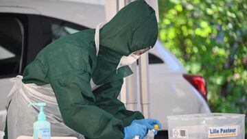 A biologist of the Pasteur Institute collects a sample from medical staff members or people working in nursing homes at the Pasteur Institute COVID-19 screening-point , in Lille, on April 27, 2020, as the country is under lockdown to stop the spread of the COVID-19 pandemic caused by the novel coronavirus. (Photo by DENIS CHARLET / AFP)