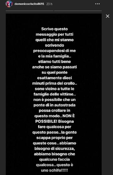 Mensaje del capitán del Genoa Domenico Criscito en Instagram tras el derrumbe del puente Morandi en Génova, que ya ha dejado 39 muertos.