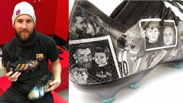 Imágenes de Lionel Messi con las botas personalizadas que le ha hecho Lili Cantero, una artista paraguaya, y de una de ellas en la que se ve algunas de las imágenes que ha plasmado.