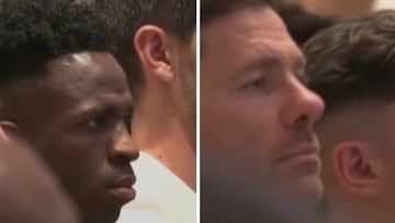 La cara de Vinicius, Xabi Alonso y el resto del vestuario en el acto por la bota de oro de Mbappé