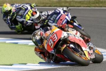 Marc Márquez, Jorge Lorenzo y Valentino Rossi. 