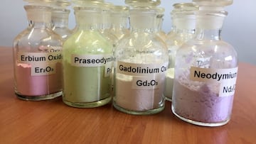 FILE PHOTO: Jars containing rare earth minerals produced by Australia's Lynas Corp from its Mount Weld operations are seen near Laverton, northeast of Perth, Australia, August 23, 2019. Picture taken August 23, 2019. REUTERS/Melanie Burton/File Photo