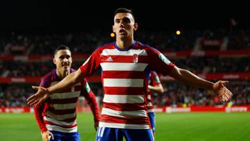 Myrto Uzuni, of Granada CF scores the first goal of the match during the La Liga Smartbank match between Granada CF and Burgos CF at Nuevo Los Carmenes Stadium on December 11, 2022 in Granada, Spain.
(Photo by Álex Cámara/NurPhoto via Getty Images)
