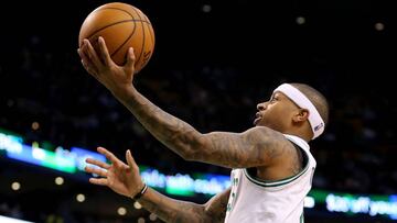 BOSTON, MA - JANUARY 6: Isaiah Thomas #4 of the Boston Celtics takes a shot against the Philadelphia 76ers during the second half at TD Garden on January 6, 2017 in Boston, Massachusetts. The Celtics defeat the 76ers 110-106. NOTE TO USER: User expressly acknowledges and agrees that , by downloading and or using this photograph, User is consenting to the terms and conditions of the Getty Images License Agreement.   Maddie Meyer/Getty Images/AFP
 == FOR NEWSPAPERS, INTERNET, TELCOS &amp; TELEVISION USE ONLY ==