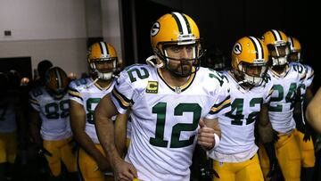 ATLANTA, GA - JANUARY 22: Aaron Rodgers #12 of the Green Bay Packers leads his team out on to the field prior to the game against the Atlanta Falcons in the NFC Championship Game at the Georgia Dome on January 22, 2017 in Atlanta, Georgia. (Photo by Streeter Lecka/Getty Images)
