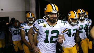 ATLANTA, GA - JANUARY 22: Aaron Rodgers #12 of the Green Bay Packers leads his team out on to the field prior to the game against the Atlanta Falcons in the NFC Championship Game at the Georgia Dome on January 22, 2017 in Atlanta, Georgia.  (Photo by Streeter Lecka/Getty Images)