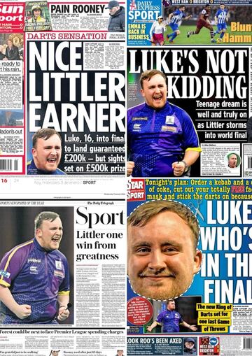 Imagen de las portadas de la edición impresa de los periódicos de Inglaterra del 3 de enero tras el pase de Luke Littler a la final del Mundial de Dardos.