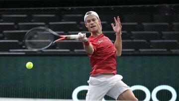 PARIS, FRANCE - NOVEMBER 6: Diego Schwartzman of Argentina in action against Daniil Medvedev of Russia during day 5 of the Rolex Paris Masters, an ATP Masters 1000 tournament held behind closed doors at AccorHotels Arena formerly known as Paris Bercy on N