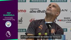 Pep Guardiola reacciona en sala de prensa tras preguntarle si se considera el entrenador más grande de todos los tiempos