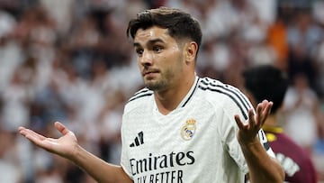 Real Madrid's Moroccan forward #21 Brahim Diaz celebrates scoring his team's second goal during the Spanish league football match between Real Madrid CF and Real Valladolid FC at the Santiago Bernabeu stadium in Madrid on August 25, 2024. (Photo by Pierre-Philippe MARCOU / AFP)