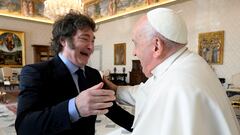 Pope Francis meets Argentine President Javier Milei at the Vatican, February 12, 2024.   Vatican Media/­Handout via REUTERS    ATTENTION EDITORS - THIS IMAGE WAS PROVIDED BY A THIRD PARTY.     TPX IMAGES OF THE DAY