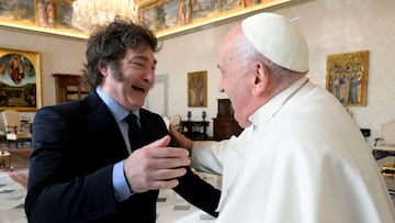 Pope Francis meets Argentine President Javier Milei at the Vatican, February 12, 2024.   Vatican Media/­Handout via REUTERS    ATTENTION EDITORS - THIS IMAGE WAS PROVIDED BY A THIRD PARTY.     TPX IMAGES OF THE DAY