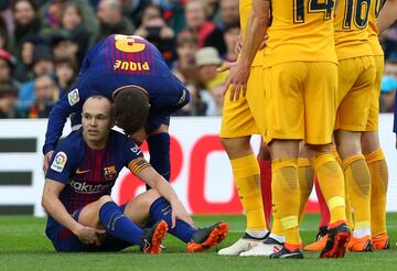 Iniesta limped out of Sunday’s game against Atlético Madrid with a hamstring injury.