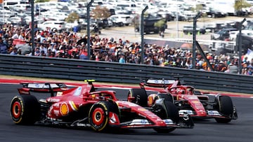 Formula One F1 - United States Grand Prix - Circuit of the Americas, Austin, Texas, United States - October 19, 2024 Ferrari's Carlos Sainz Jr. leads Ferrari's Charles Leclerc during the sprint race REUTERS/Kaylee Greenlee Beal