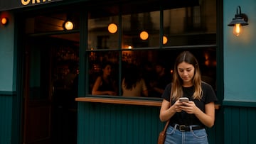 Restaurant with girl on mobile illustration