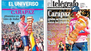 Portadas de El Universo y El Tel&eacute;grafo del 3 de junio de 2019 con Richard Carapaz como gran protagonista tras su triunfo en la general del Giro de Italia.
