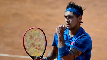 Chile's Alejandro Tabilo celebrates a point during his match against China's Zhang Zhizhen during the Men's ATP Rome Open