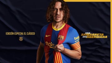 El exjugador del FC Barcelona Carles Puyol presenta la camiseta especial para el Cl&aacute;sico de la temporada 2020/21, que a&uacute;na los colores del club y de la &#039;senyera&#039; de Catalunya
 FCB
 26/01/2021