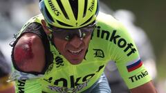 Spain&#039;s Alberto Contador is seen injured after a crash during the 188 km first stage of the 103rd edition of the Tour de France