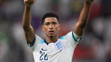 DOHA, QATAR - NOVEMBER 21: Jude Bellingham of England acknowledges the England fans after the FIFA World Cup Qatar 2022 Group B match between England and IR Iran at Khalifa International Stadium on November 21, 2022 in Doha, Qatar. (Photo by Visionhaus/Getty Images)