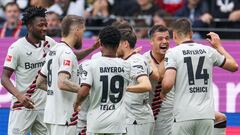 Frankfurt (Germany), 05/05/2024.- Leverkusen's Granit Xhaka (2R) celebrates with teammates after scoring the 0-1 opening goal during the German Bundesliga soccer match between Eintracht Frankfurt and Bayer Leverkusen in Dortmund, Germany, 05 May 2024. (Alemania) EFE/EPA/CHRISTOPHER NEUNDORF CONDITIONS - ATTENTION: The DFL regulations prohibit any use of photographs as image sequences and/or quasi-video.
