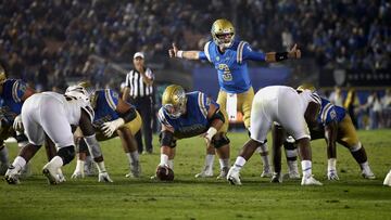 PASADENA, CA - NOVEMBER 11: Josh Rosen #3 and Jax Wacaser #53 of the UCLA Bruins line up at the line of scrimmage during the second half of a game against the Arizona State Sun Devils at the Rose Bowl on November 11, 2017 in Pasadena, California.   Sean M. Haffey/Getty Images/AFP
 == FOR NEWSPAPERS, INTERNET, TELCOS &amp; TELEVISION USE ONLY ==