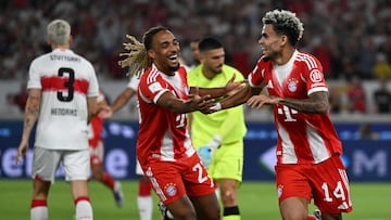 Bayern Munich's French defender #23 Sacha Boey and Bayern Munich's Colombian forward #14 Luis Diaz celebrate the 0-2 during the Franz-Beckenbauer Supercup football match between VfB Stuttgart and FC Bayern Munich in Stuttgart, southern Germany on August 16, 2025. Originally established in 1987 by the German Football Association (DFB) as the as the DFB-Supercup, The Franz Beckenbauer Supercup, is a single football match between the Bundesliga champion and the DFB-Pokal winner, organized by the German Football League (DFL). (Photo by THOMAS KIENZLE / AFP) / DFL REGULATIONS PROHIBIT ANY USE OF PHOTOGRAPHS AS IMAGE SEQUENCES AND/OR QUASI-VIDEO