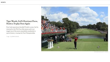 Portada de la secci&oacute;n de deportes del New York Times, con el triunfo de Tiger Woods en el Tour Championship.