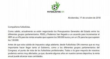 Futbolistas ON considera injusto aplicar la subida del IRPF a los futbolistas