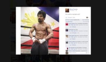 Su pelea con Mayweather lo instaló entre los más nombrados en Facebook y como uno de los héroes nacionales de Filipinas. 9.972.151 lo siguen en la red social.