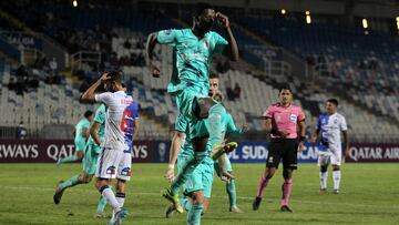 Ecuador's Liga de Quito Nilson Angulo celebrates after scoring against Chile's Antofagasta during their Copa Sudamericana group stage football match, at the Regional Calvo y Bascu�an stadium in Antofagasta, Chile, on May 4, 2022. (Photo by CRISTIAN RUDOLFFI / PHOTOSPORT / AFP) / - Chile OUT / RESTRICTED TO EDITORIAL USE - MANDATORY CREDIT "AFP PHOTO / PHOTOSPORT - Cristian RUDOLFI" - NO MARKETING - NO ADVERTISING CAMPAIGNS - DISTRIBUTED AS A SERVICE TO CLIENTS