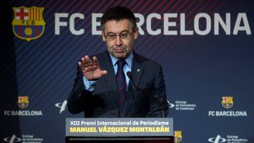 El presidente del FC Barcelona, Josep Maria Bartomeu, durante su intervención en el acto de entrega del XIII Premio Internacional de Periodismo Deportivo Manuel Vázquez Montalbán